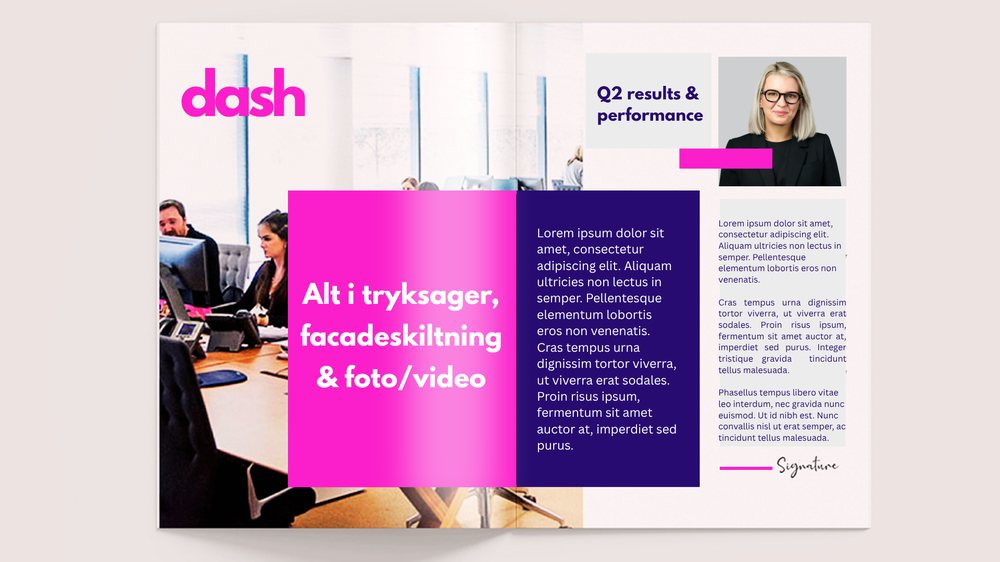 Opslag i en brochure om tryksager, facadeskiltning og foto/video