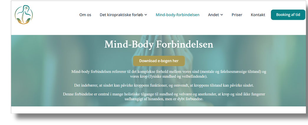 Den opdaterede hjemmeside med siden Mind-Body Forbindelsen
